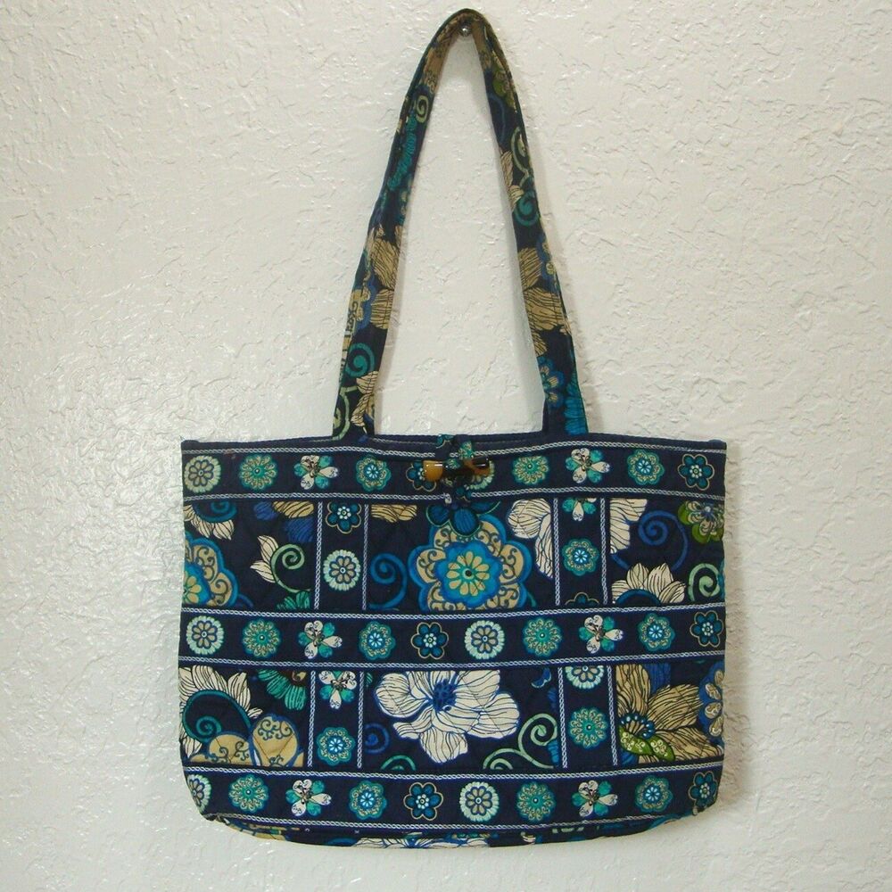 Vera Bradley Blue Floral Shoulder Bag Tote Retired Quilted Cotton Purse Medium